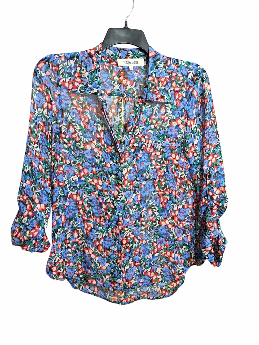 DIANE VON FURSTENBURG 100% SILK - Floral Button-Front Blouse - Blue Multi